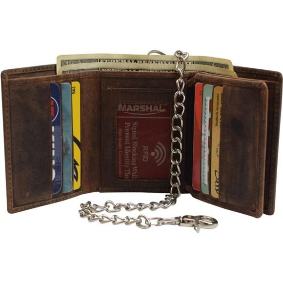 Genuine Leather Classic Trifold Wallet (Brown with Chain) - Picture 4 of 7